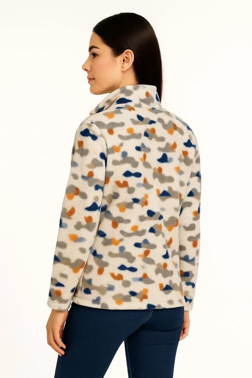 Kadın Tam Fermuarlı Desenli Polar Sweat – Siyah Multicolor Figür Desen Yakalı, Uzun Kollu, Oversize Rahat Kalıp - Beyaz