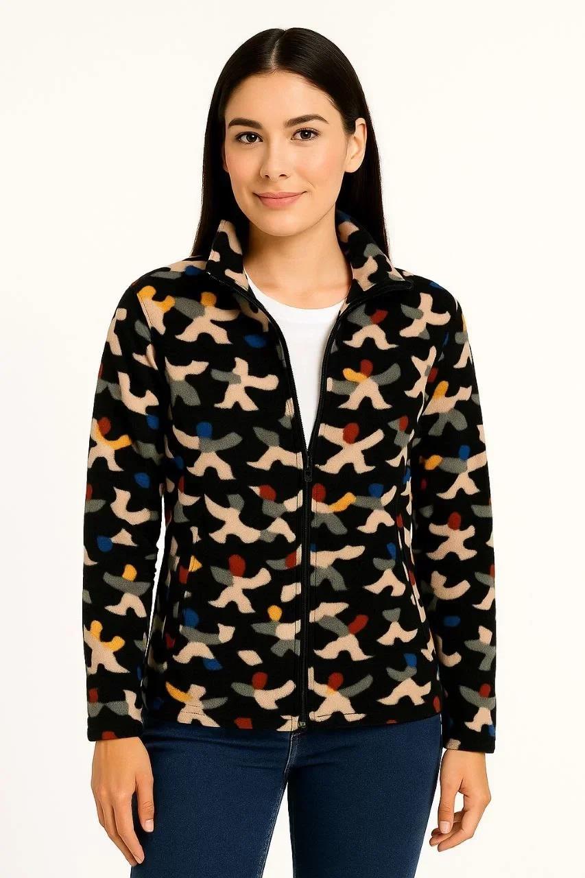 Kadın Tam Fermuarlı Desenli Polar Sweat – Siyah Multicolor Figür Desen Yakalı, Uzun Kollu, Oversize Rahat Kalıp - Siyah