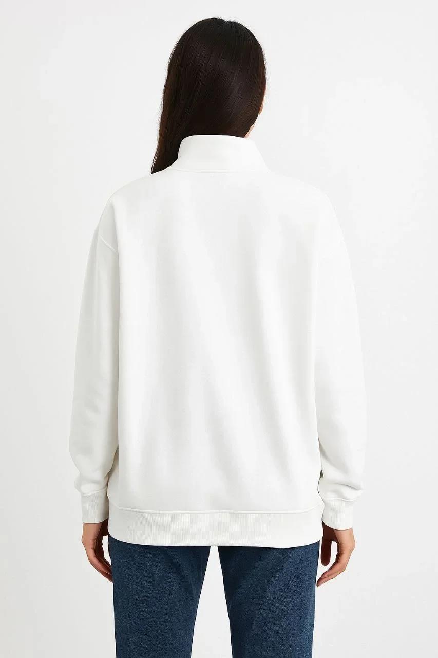 Kadın Üç İplik Dık Yaka Yarım Fermuarlı SweatShirt - Beyaz