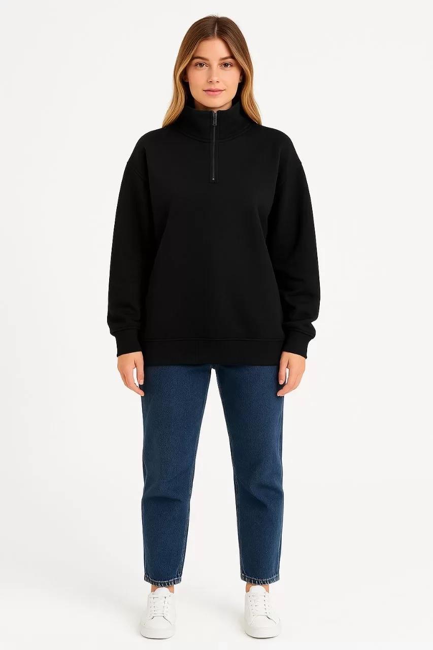 Kadın Üç İplik Dık Yaka Yarım Fermuarlı SweatShirt - Siyah