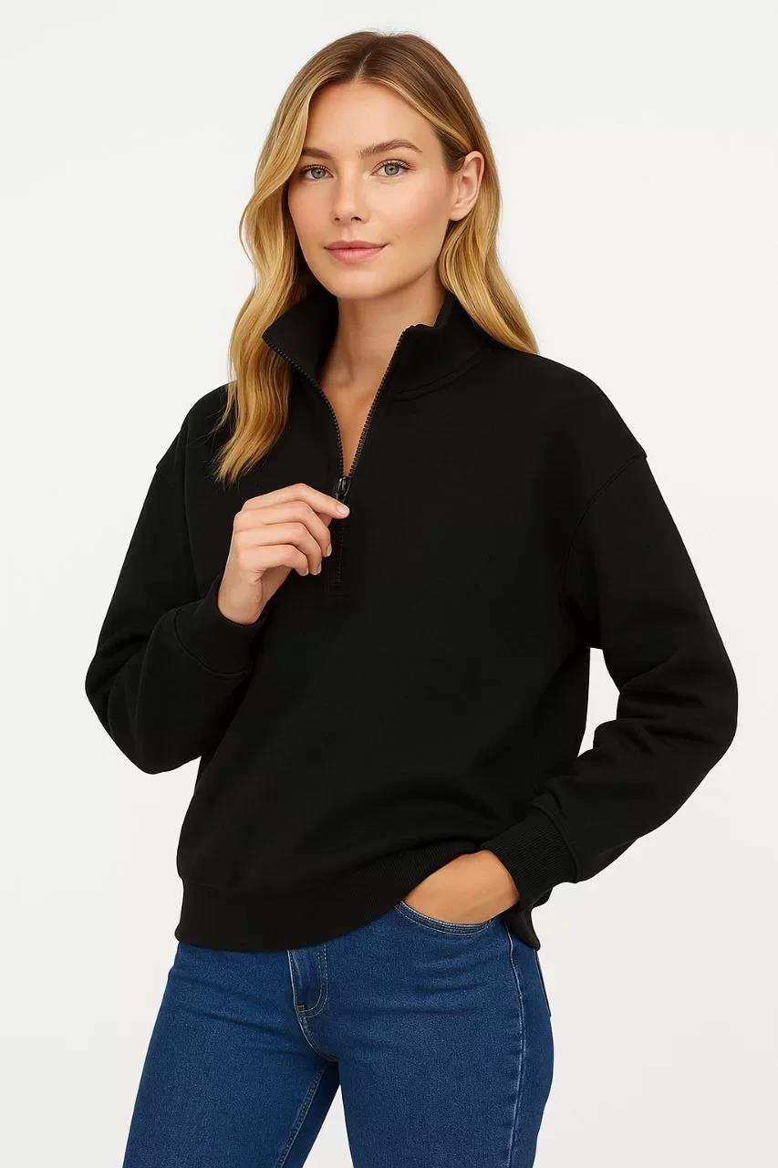 Kadın Üç İplik Dık Yaka Yarım Fermuarlı SweatShirt - Siyah
