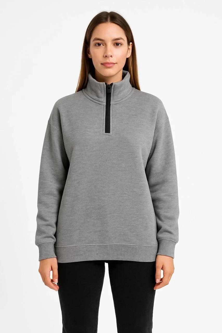 Kadın Üç İplik Dık Yaka Yarım Fermuarlı SweatShirt - Gri