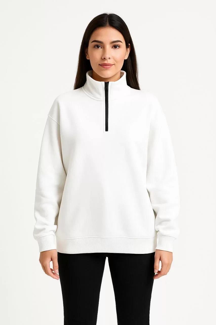 Kadın Üç İplik Dık Yaka Yarım Fermuarlı SweatShirt - Beyaz