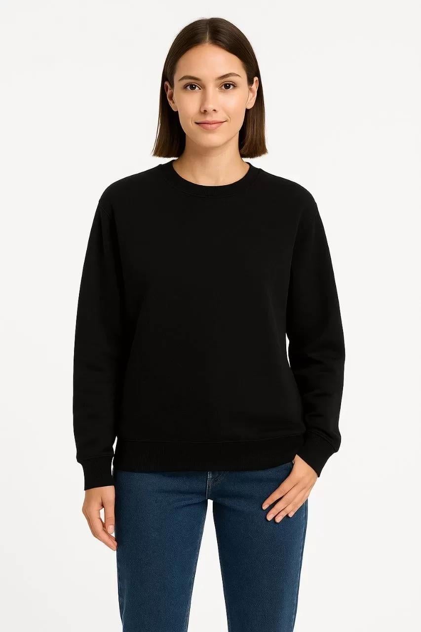 Kadın Üç İplik Düz Bisiklet Yaka SweatShirt - Siyah