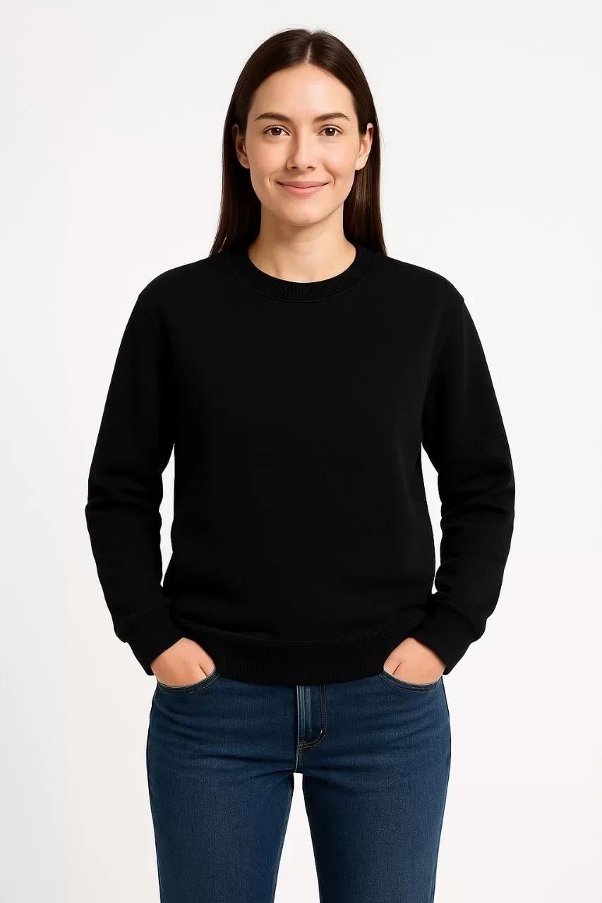 Kadın Üç İplik Düz Bisiklet Yaka SweatShirt - Siyah