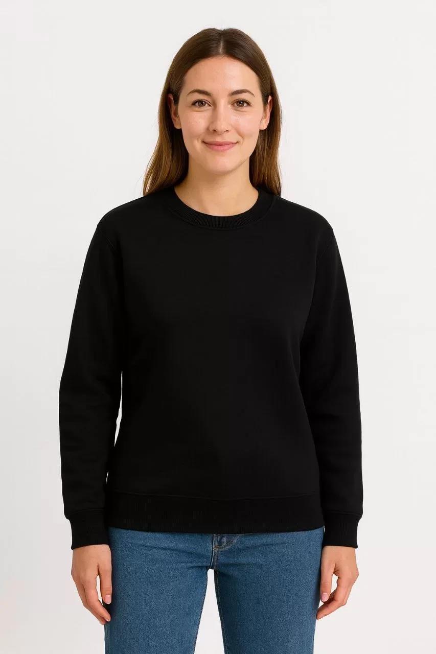 Kadın Üç İplik Düz Bisiklet Yaka SweatShirt - Siyah