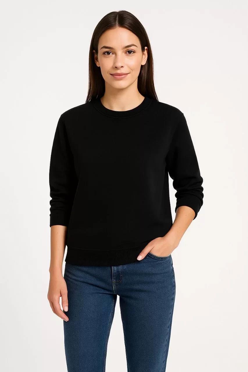 Kadın Üç İplik Düz Bisiklet Yaka SweatShirt - Siyah