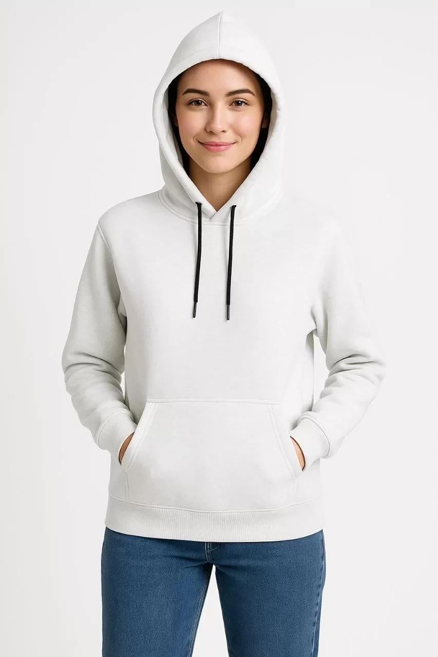 Kadın Üç İplik Kapüşonlu Kanguru Çepli SweatShirt hoodie - Beyaz