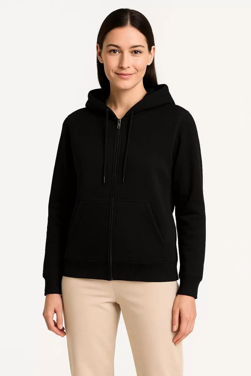 Kadın Üç İplik Kapüşonlu Tam Fermuarlı Kanguru Çepli SweatShirt Hoodie - Siyah