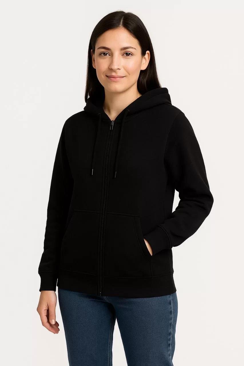 Kadın Üç İplik Kapüşonlu Tam Fermuarlı Kanguru Çepli SweatShirt Hoodie - Siyah