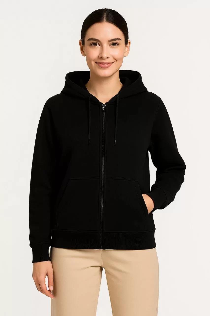 Kadın Üç İplik Kapüşonlu Tam Fermuarlı Kanguru Çepli SweatShirt Hoodie - Siyah