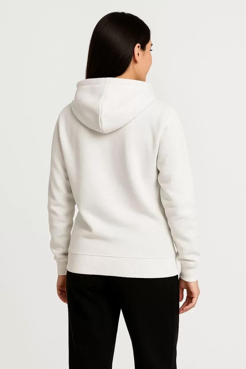 Kadın Üç İplik Kapüşonlu Tam Fermuarlı Kanguru Çepli SweatShirt Hoodie - Beyaz
