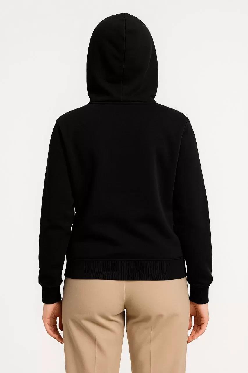 Kadın Üç İplik Kapüşonlu Tam Fermuarlı Kanguru Çepli SweatShirt Hoodie - Siyah