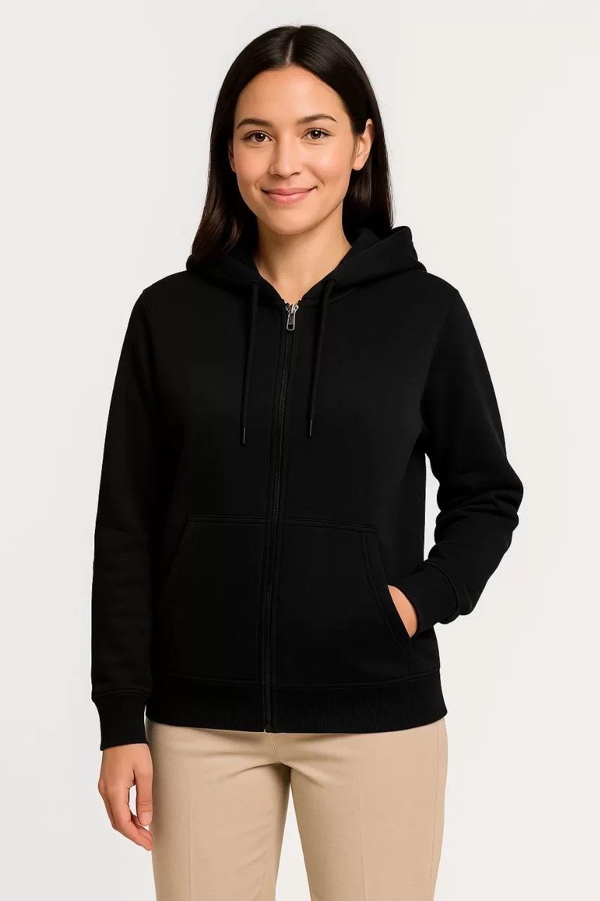 Kadın Üç İplik Kapüşonlu Tam Fermuarlı Kanguru Çepli SweatShirt Hoodie - Siyah
