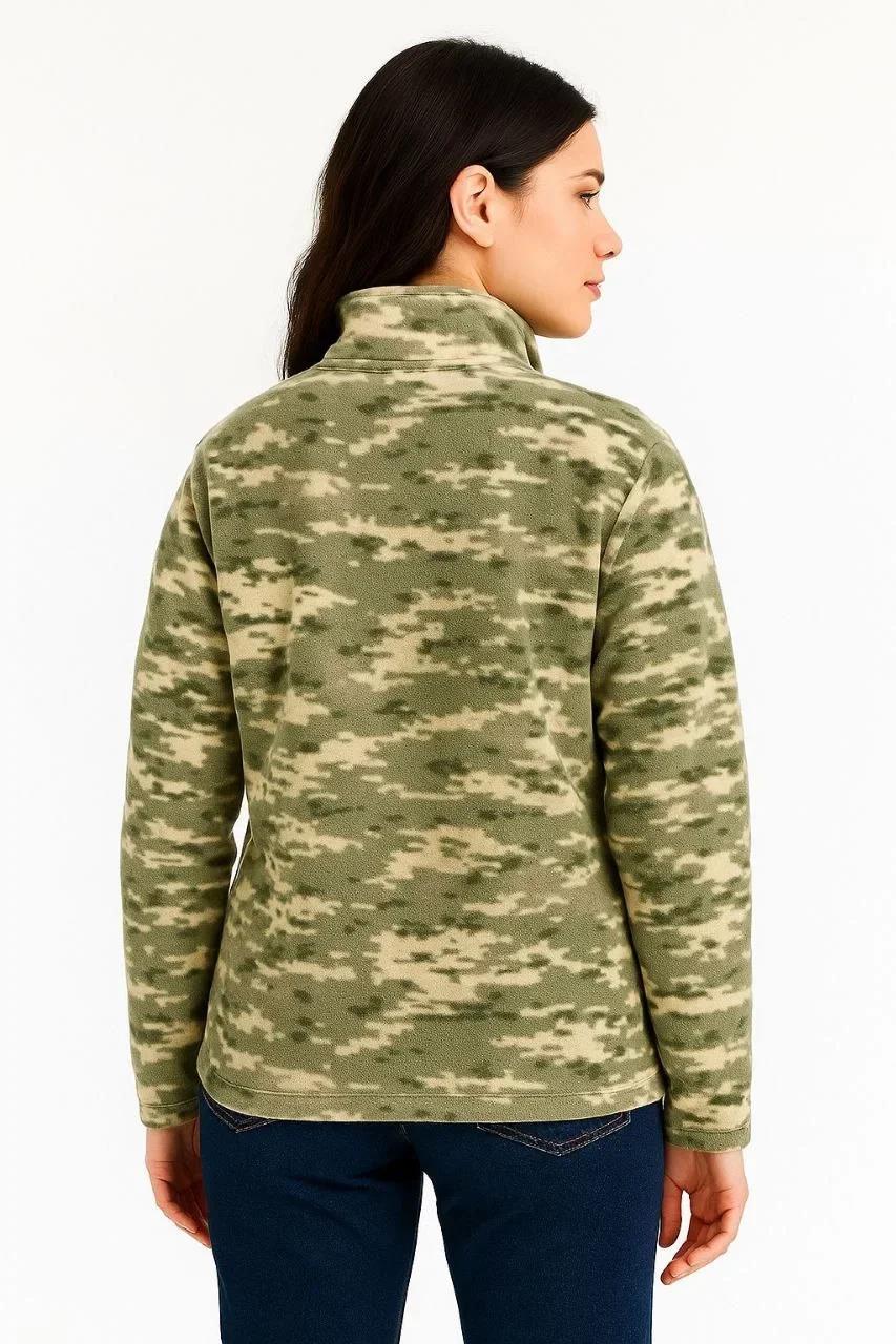 Kadın Yarım Fermuarlı Desenli Polar Sweat – Haki Kamuflaj Yakalı, Uzun Kollu, Oversize Rahat Kalıp - Haki