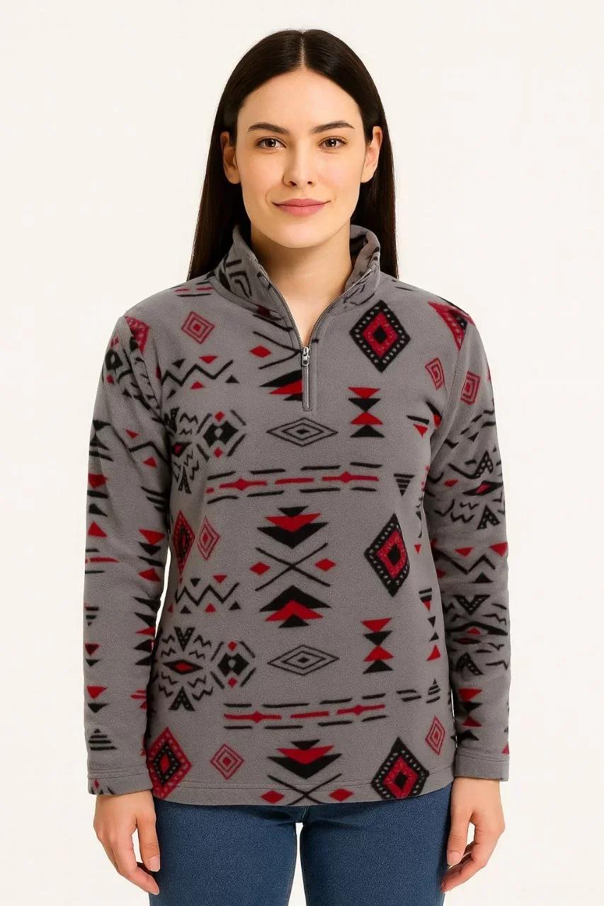 Kadın Yarım Fermuarlı Desenli Polar Sweat Tribal Etnik Desen Yakalı, Uzun Kollu, Oversize Rahat Kalıp - Füme
