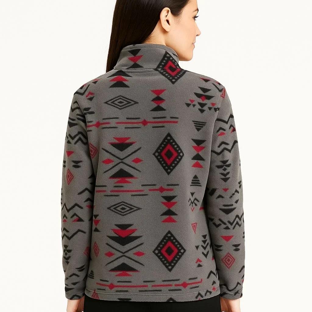 Kadın Yarım Fermuarlı Desenli Polar Sweat Tribal Etnik Desen Yakalı, Uzun Kollu, Oversize Rahat Kalıp - Füme