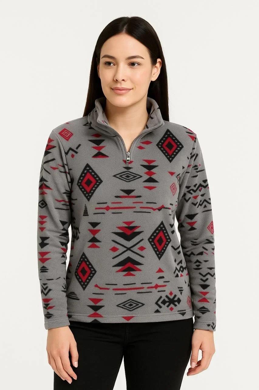 Kadın Yarım Fermuarlı Desenli Polar Sweat Tribal Etnik Desen Yakalı, Uzun Kollu, Oversize Rahat Kalıp - Füme