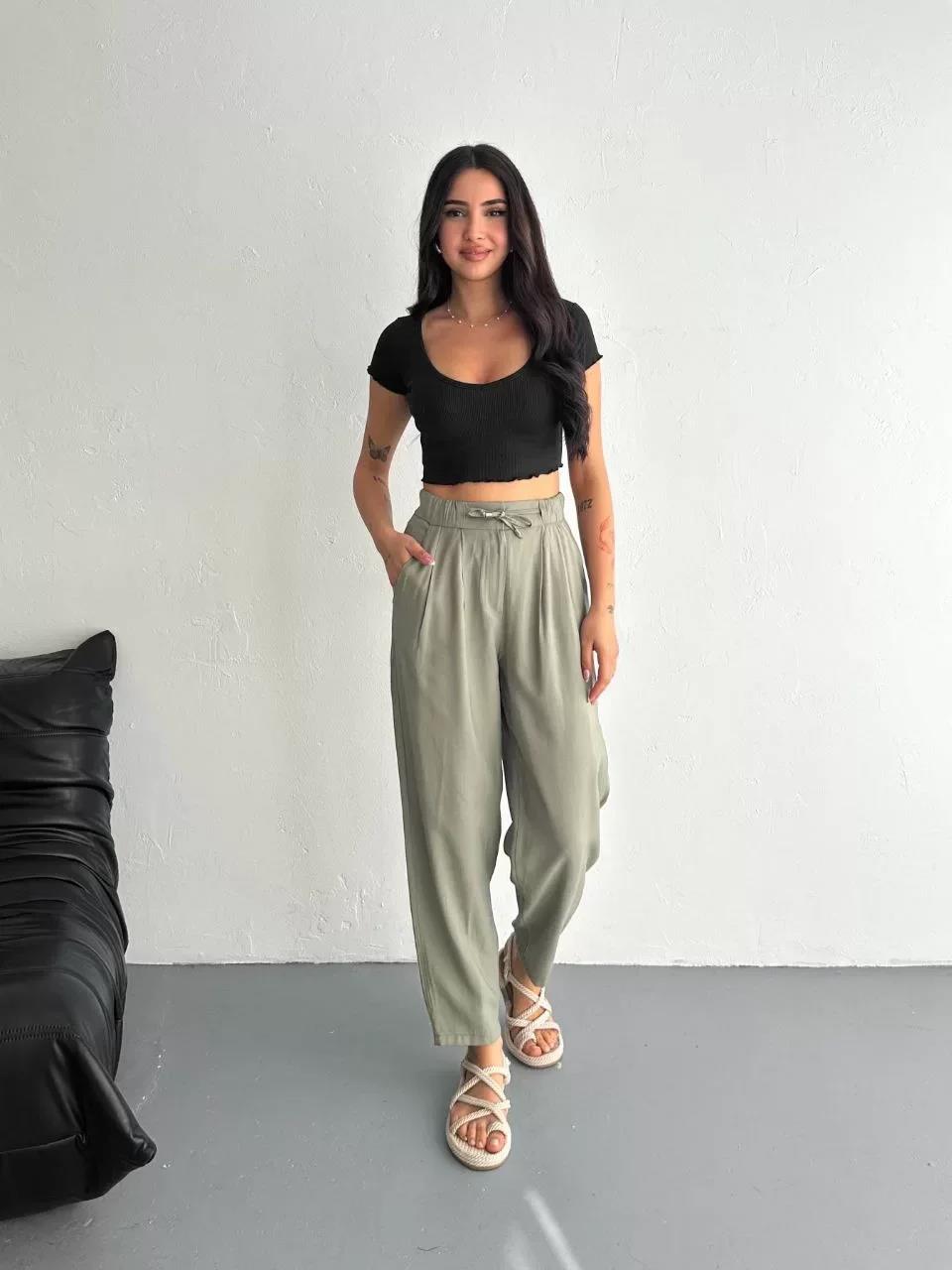 Kadın Yüksel Bel Beli Bağcıklı Cepli Rahat Paça Pantalon - Su Yeşili