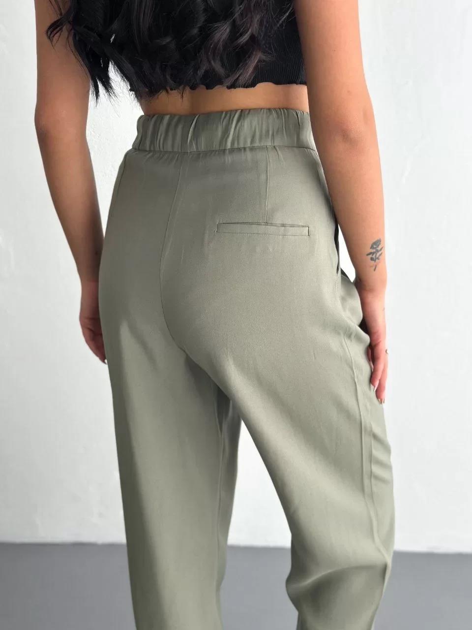 Kadın Yüksel Bel Beli Bağcıklı Cepli Rahat Paça Pantalon - Su Yeşili