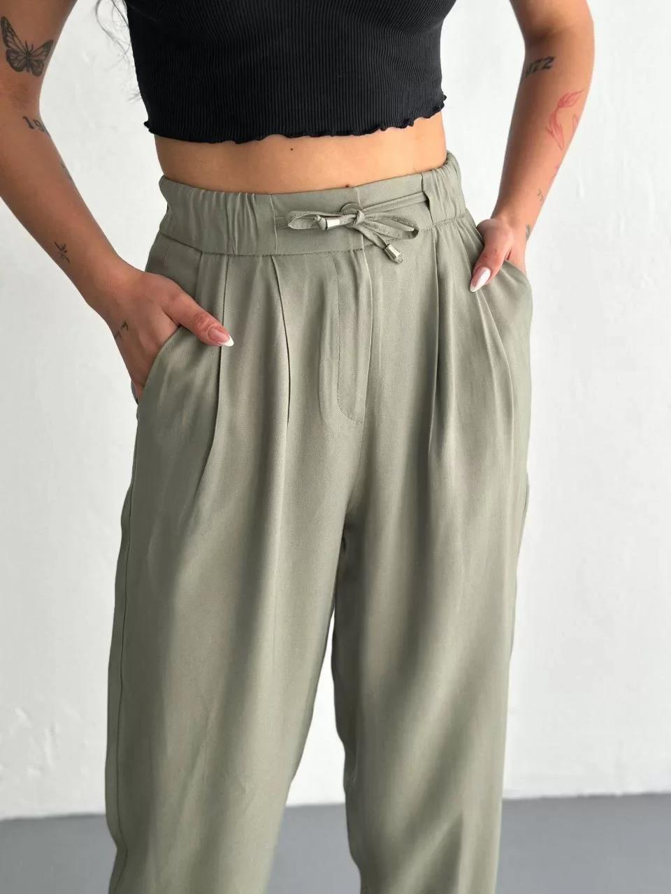 Kadın Yüksel Bel Beli Bağcıklı Cepli Rahat Paça Pantalon - Su Yeşili