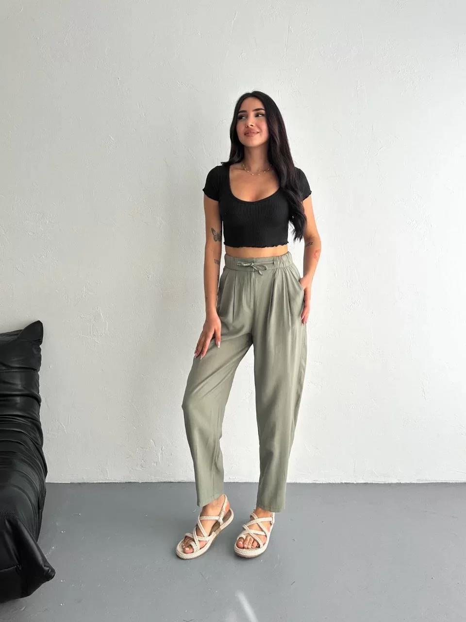 Kadın Yüksel Bel Beli Bağcıklı Cepli Rahat Paça Pantalon - Su Yeşili