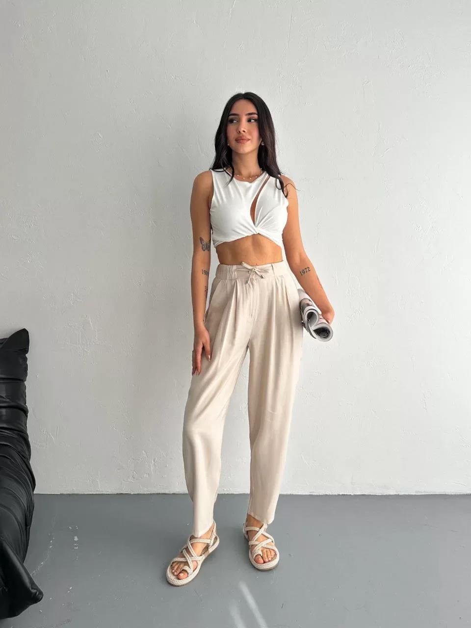 Kadın Yüksel Bel Beli Bağcıklı Rahat Boru Paça Pantalon - Kırık Beyaz
