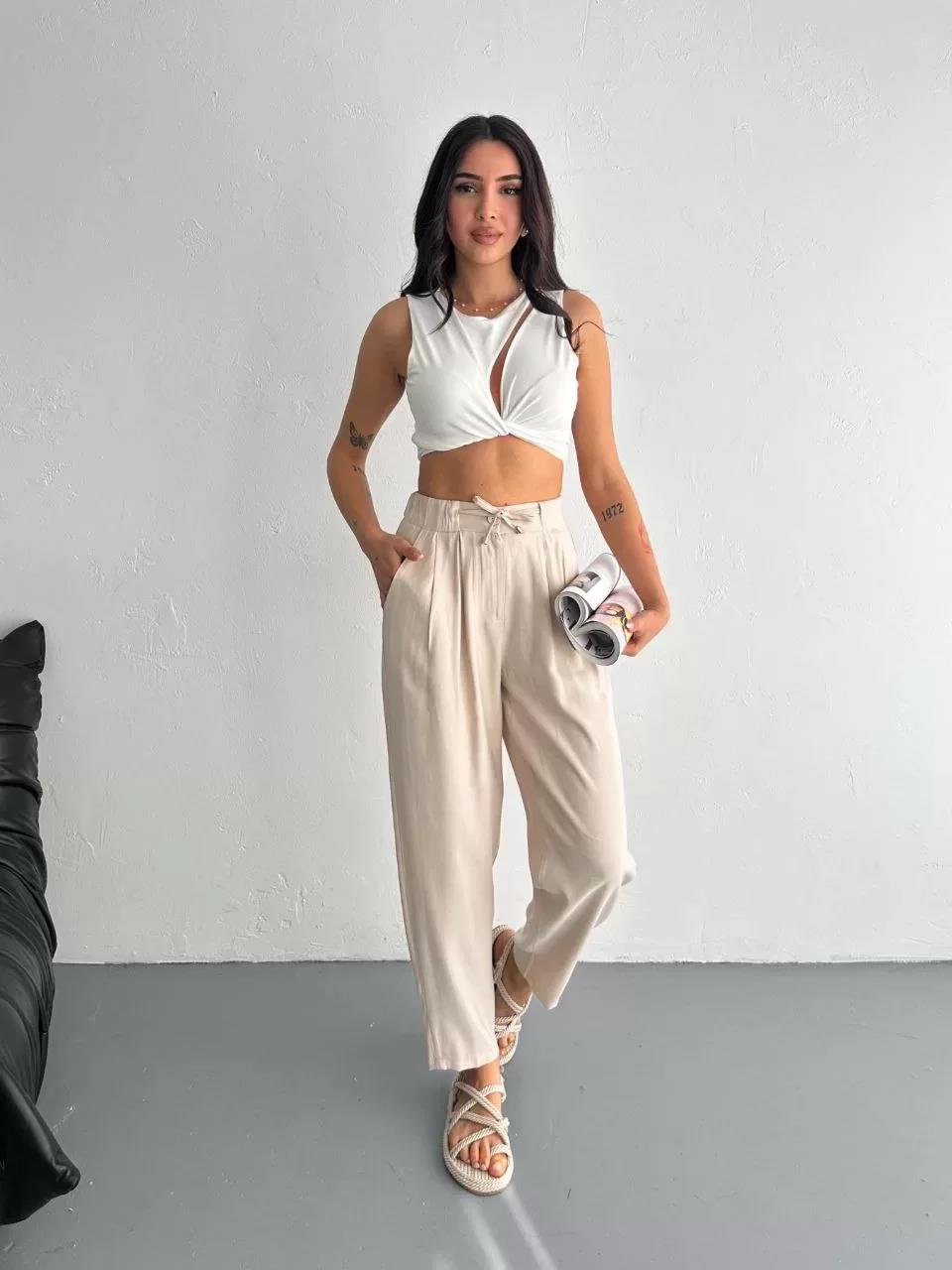 Kadın Yüksel Bel Beli Bağcıklı Rahat Boru Paça Pantalon - Kırık Beyaz