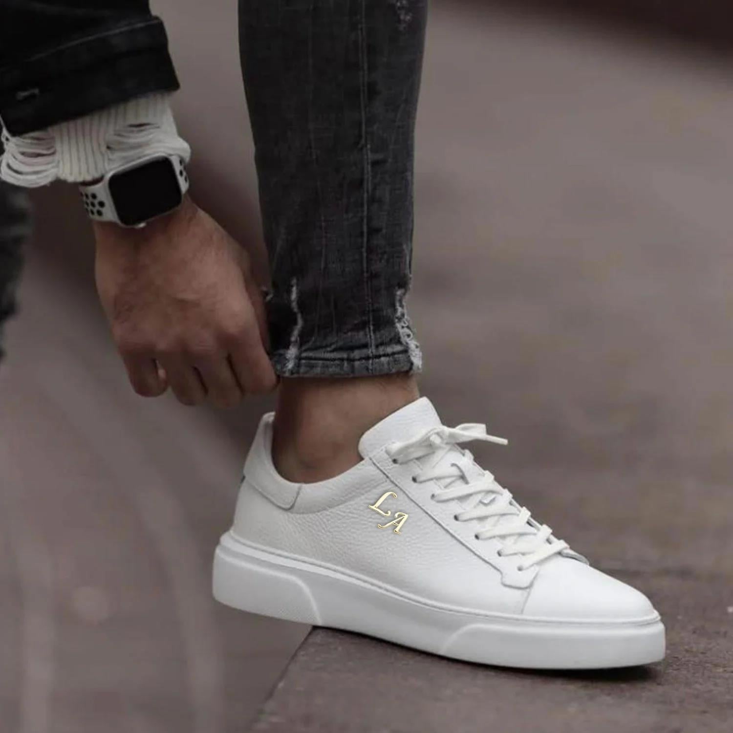 Kalın Ortopedik Tabanlı %100 Deri Sneaker Spor Ayakkabı - Beyaz