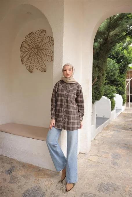 Kapşonlu Desenli Cepli Uzun Kesim Ekose Gömlek - (38-46) - 71367 - Bej
