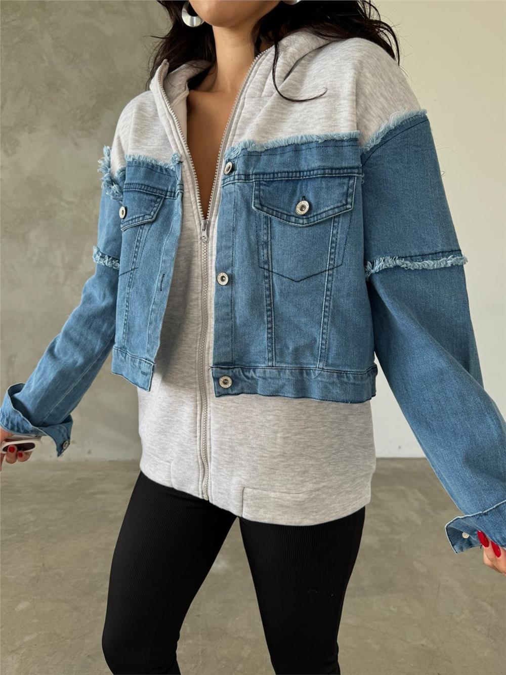 Kapüşonlu Fermuarlı Denim Polar Ceket - (S-L) - P113002 - Mavi