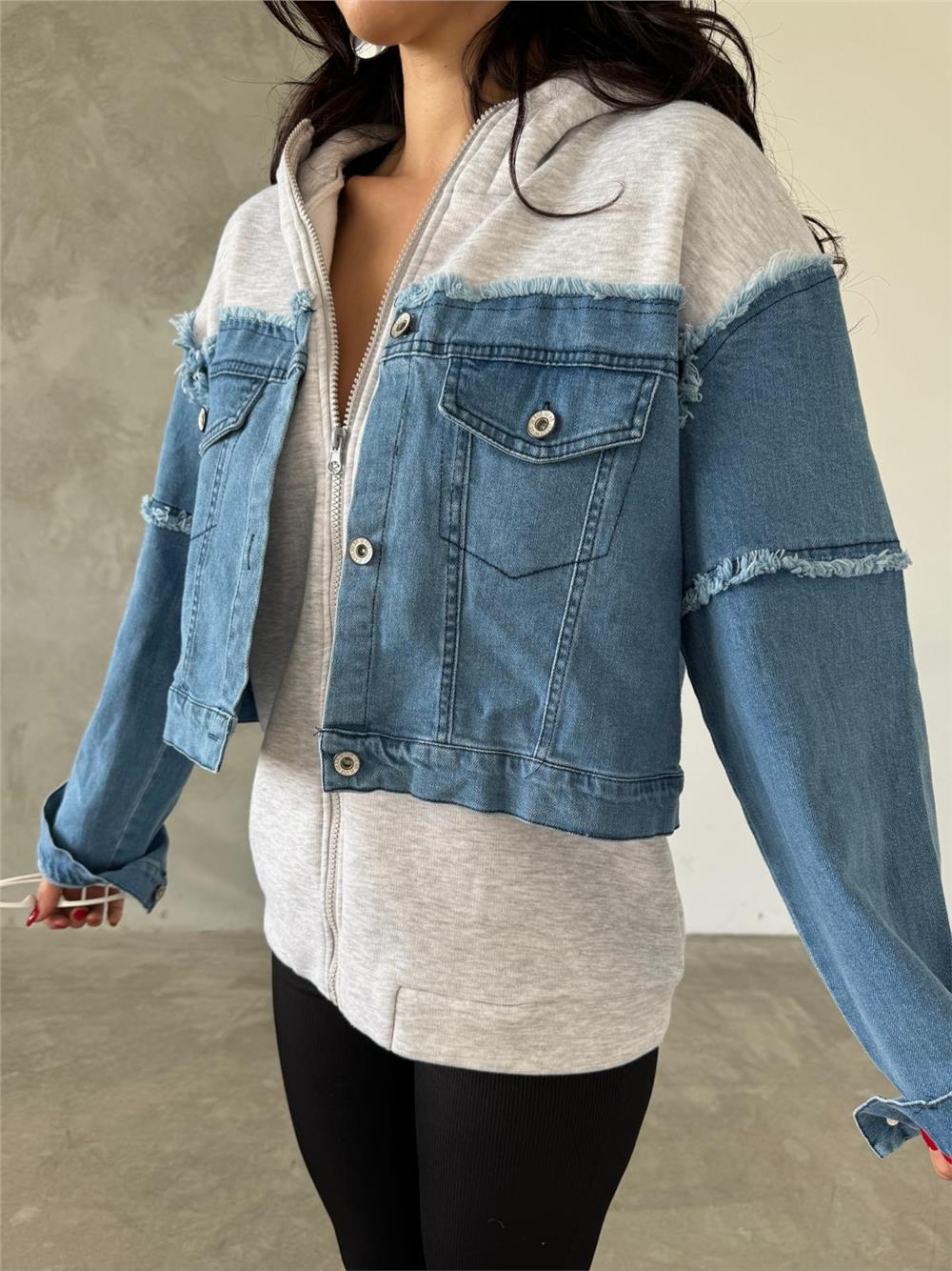 Kapüşonlu Fermuarlı Denim Polar Ceket - (S-L) - P113002 - Mavi