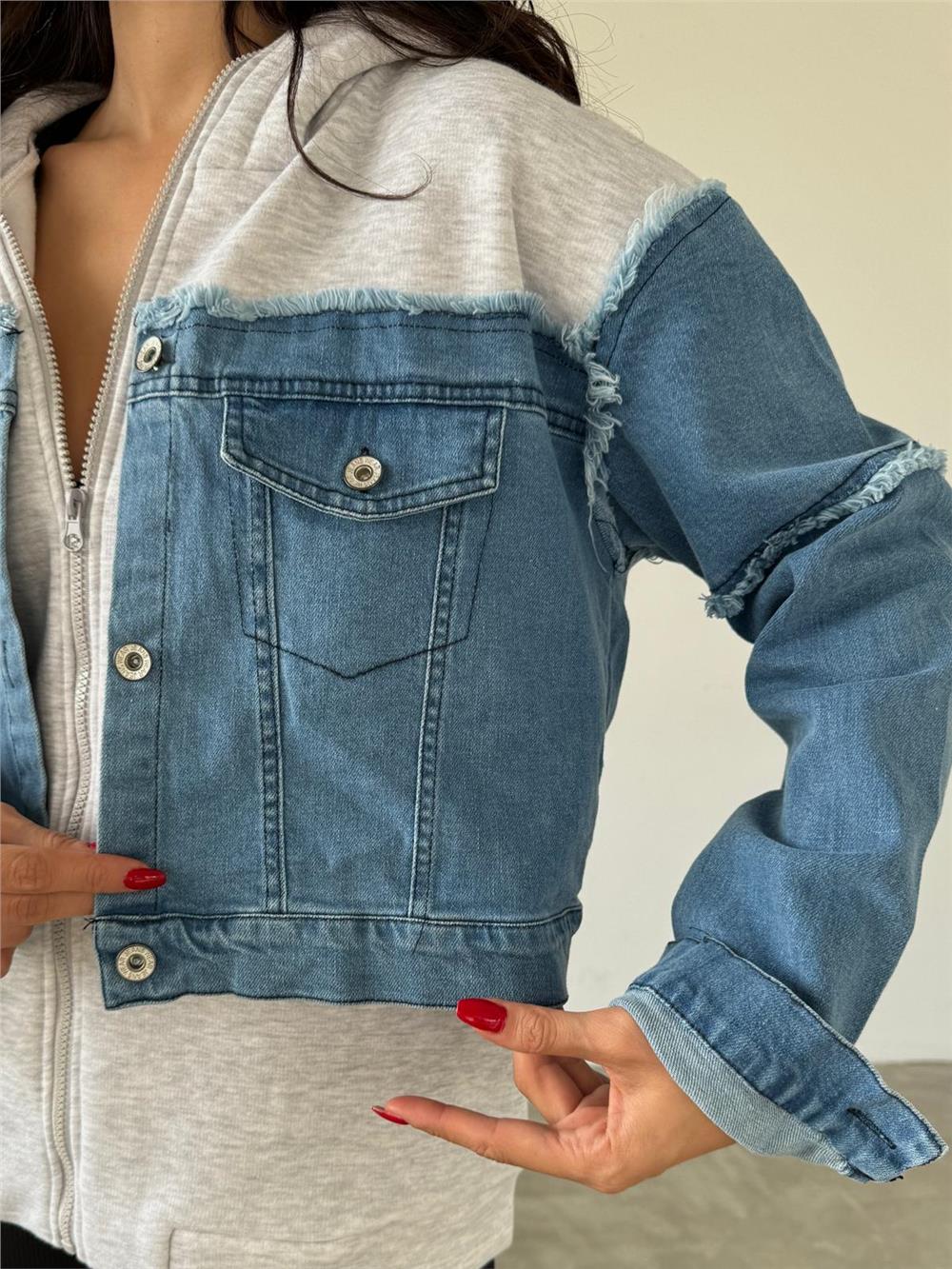 Kapüşonlu Fermuarlı Denim Polar Ceket - (S-L) - P113002 - Mavi