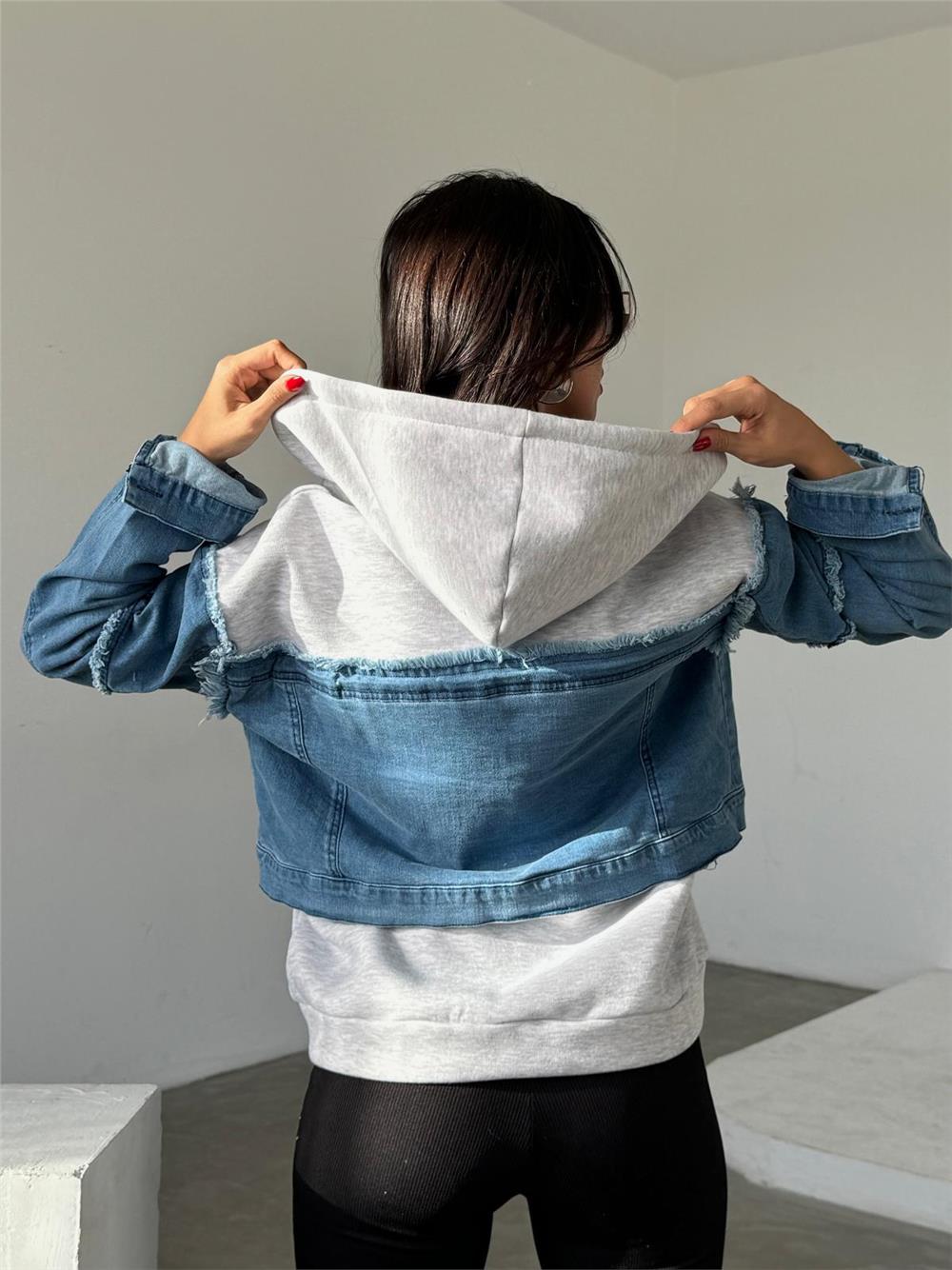 Kapüşonlu Fermuarlı Denim Polar Ceket - (S-L) - P113002 - Mavi