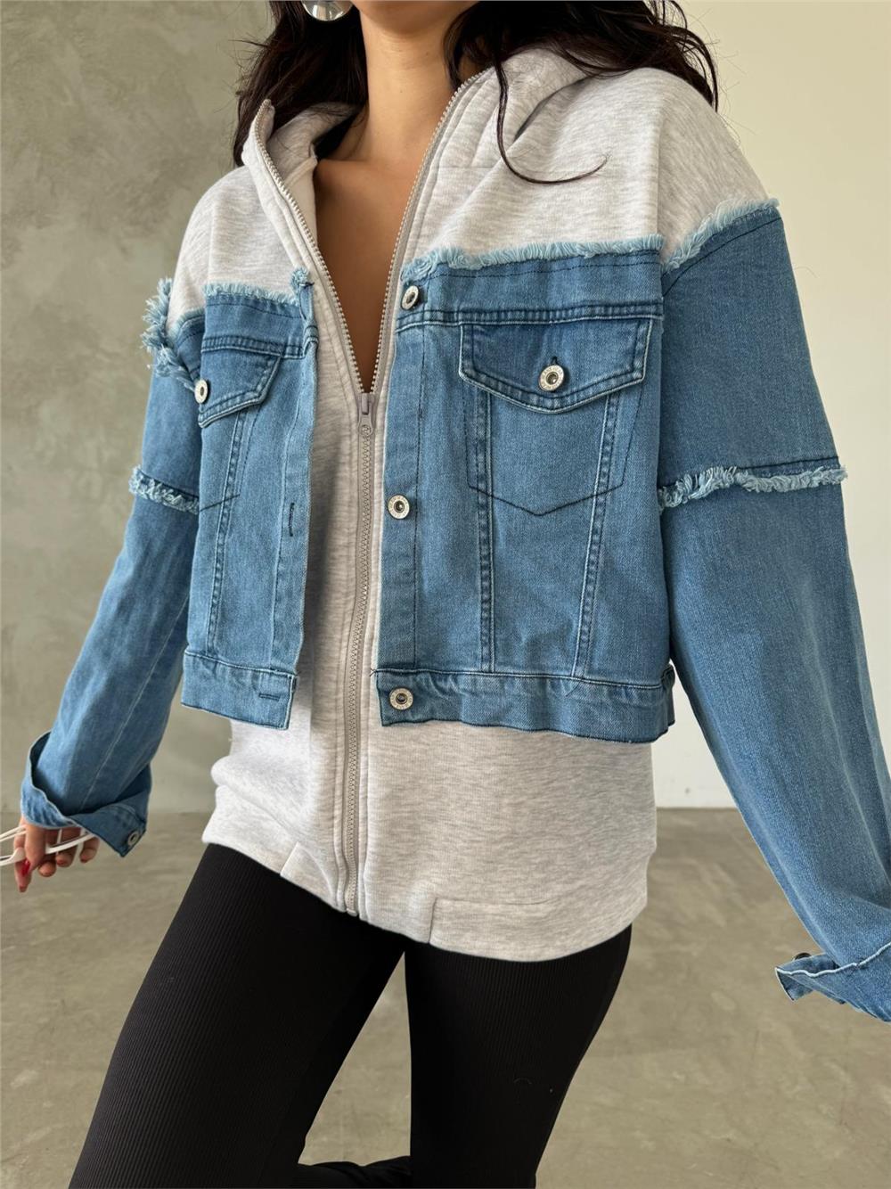 Kapüşonlu Fermuarlı Denim Polar Ceket - (S-L) - P113002 - Mavi