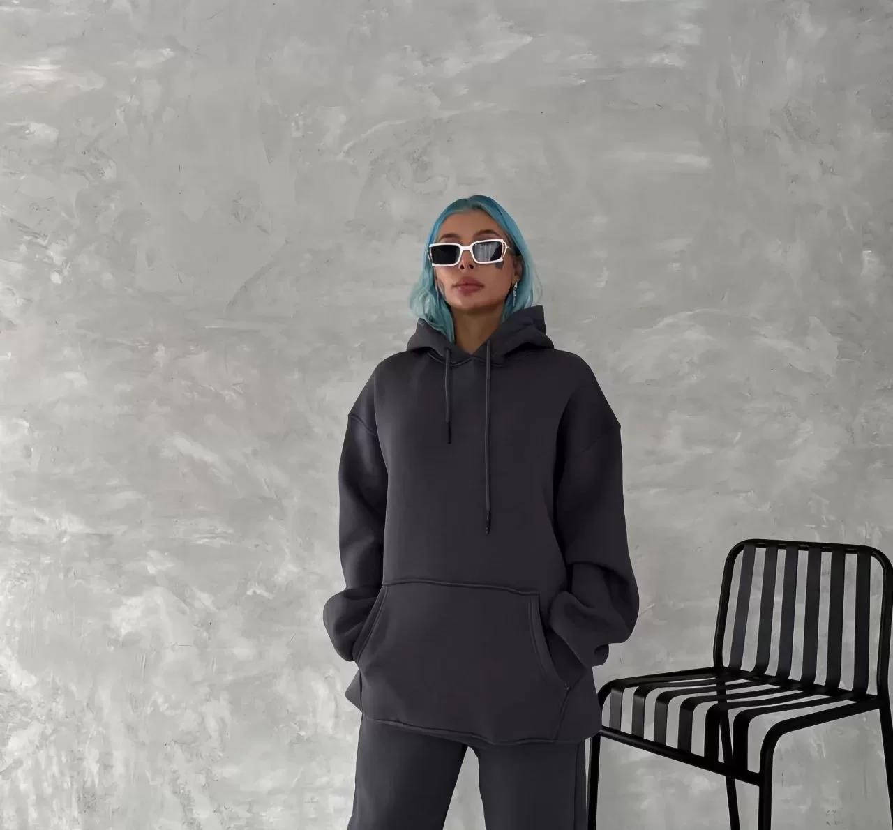 Kapüşonlu Üç İplik Penye Basic SweatShirt - Füme