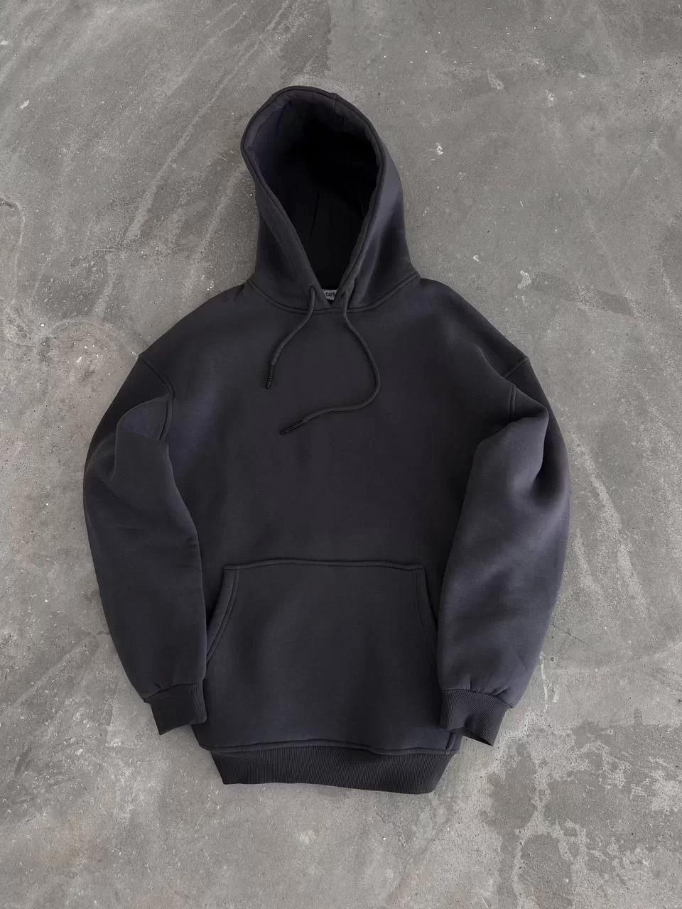 Kapüşonlu Üç İplik Penye Basic SweatShirt - Füme
