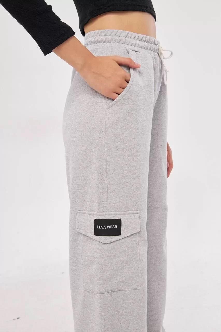 Kargo Cepli Palazzo Oversize Kesim İki iplik Bol Paça Eşofman Altı Pantalon - Gri