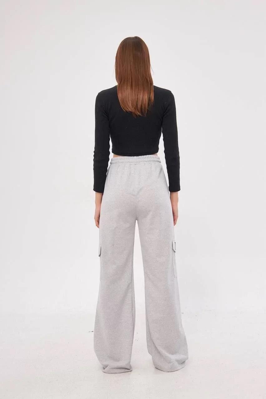Kargo Cepli Palazzo Oversize Kesim İki iplik Bol Paça Eşofman Altı Pantalon - Gri
