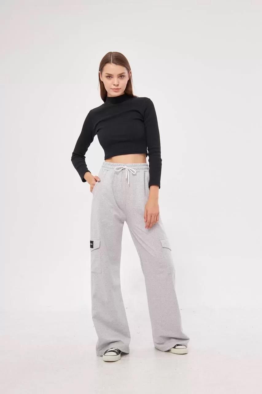 Kargo Cepli Palazzo Oversize Kesim İki iplik Bol Paça Eşofman Altı Pantalon - Gri