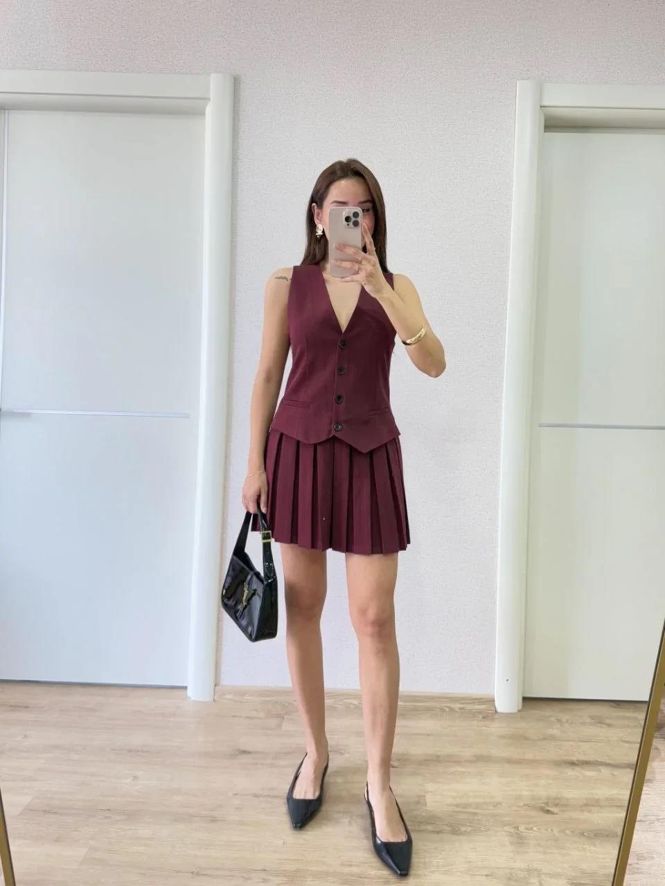 Keten Takım Görünümlü Düğme Detaylı Yelekli Mini Elbise - Bordo
