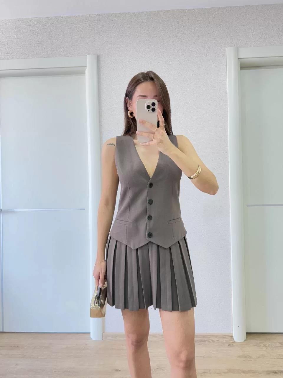 Keten Takım Görünümlü Düğme Detaylı Yelekli Mini Elbise - Füme