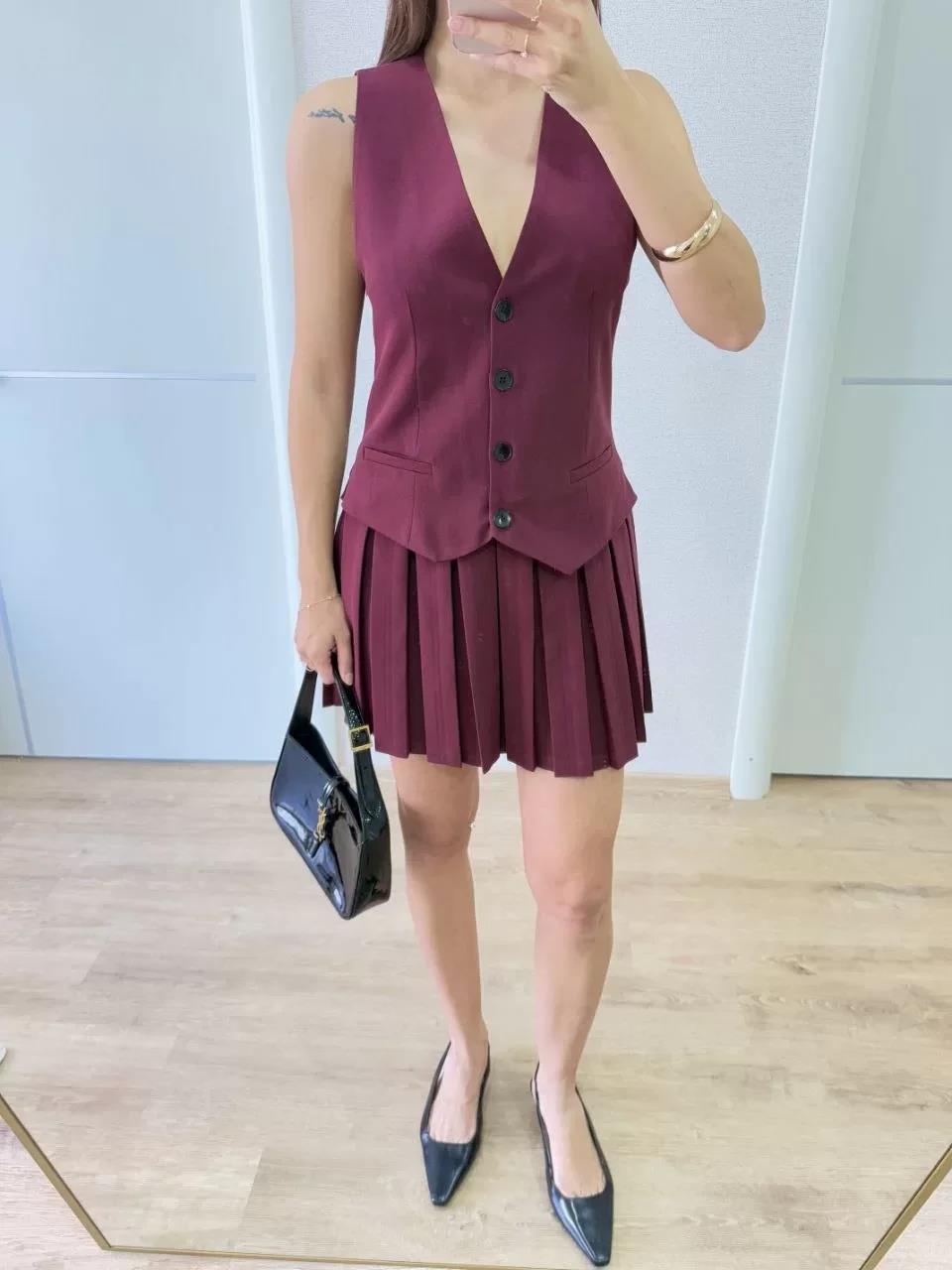 Keten Takım Görünümlü Düğme Detaylı Yelekli Mini Elbise - Bordo
