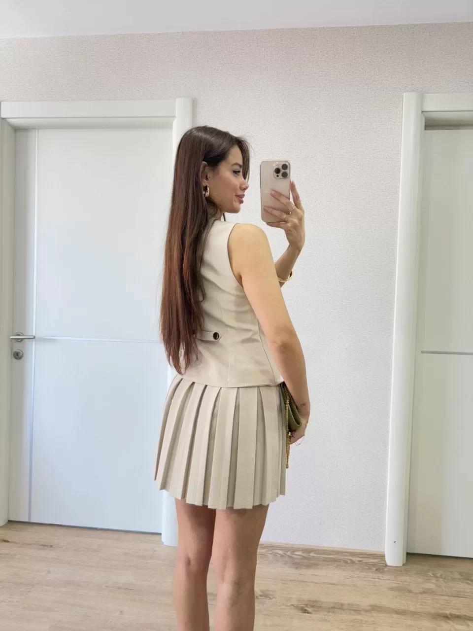Keten Takım Görünümlü Düğme Detaylı Yelekli Mini Elbise - Bej