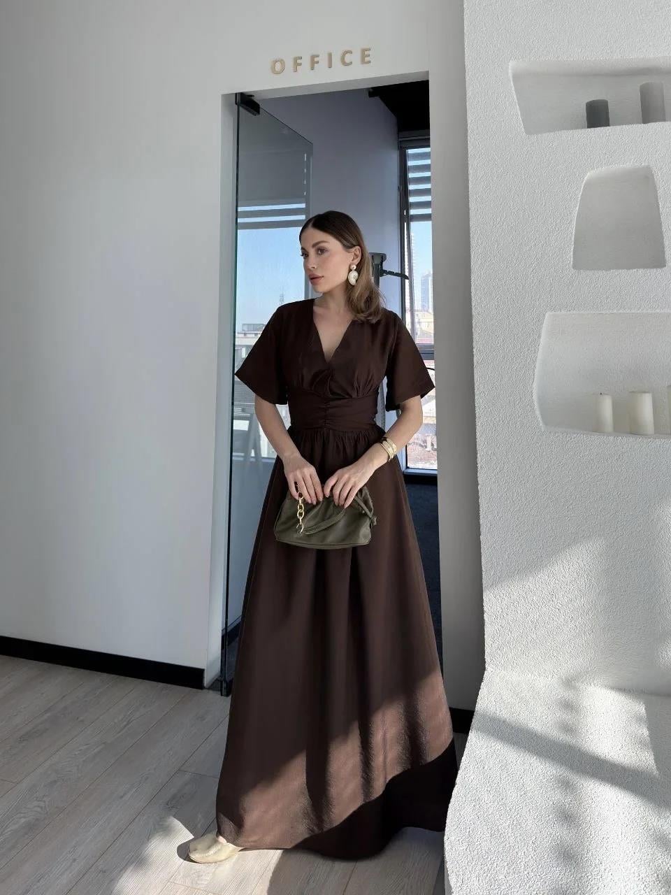 Kısa Kollu Uzun Elbise - Kahve
