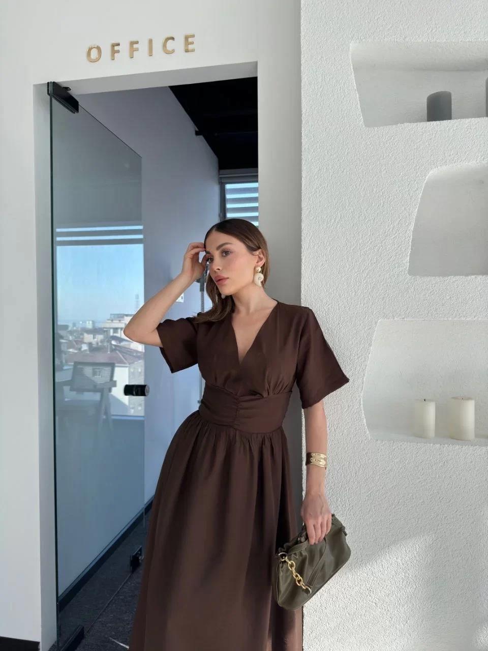 Kısa Kollu Uzun Elbise - Kahve