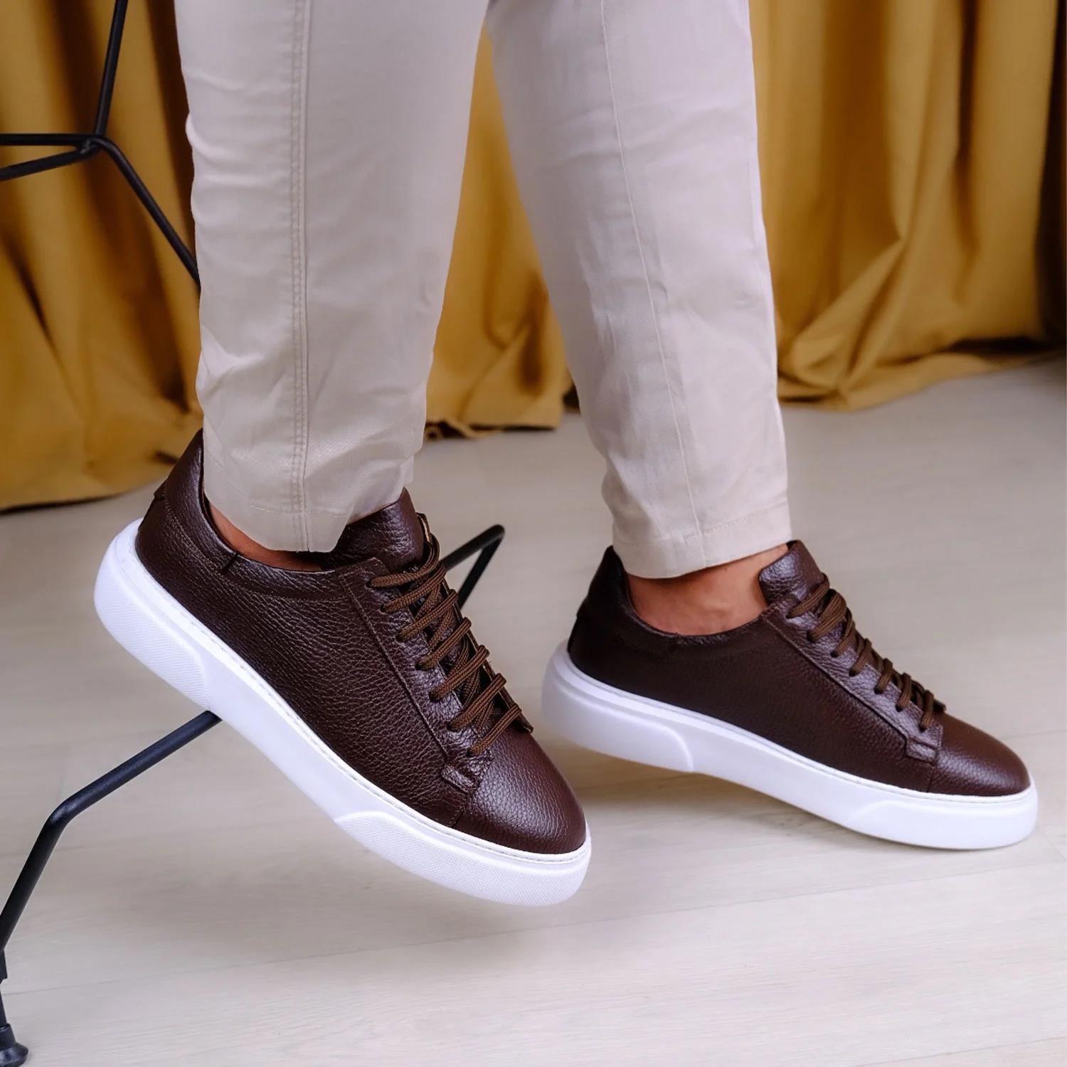 Kişiselleştirilebilir Kalın Ortopedik Tabanlı %100 Deri Sneaker Spor Ayakkabı - Kahverengi