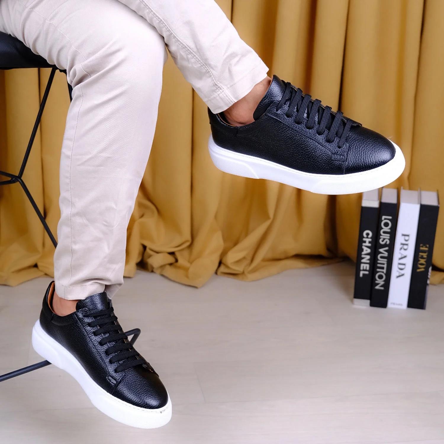 Kişiselleştirilebilir Kalın Ortopedik Tabanlı %100 Deri Sneaker Spor Ayakkabı - Siyah - Beyaz