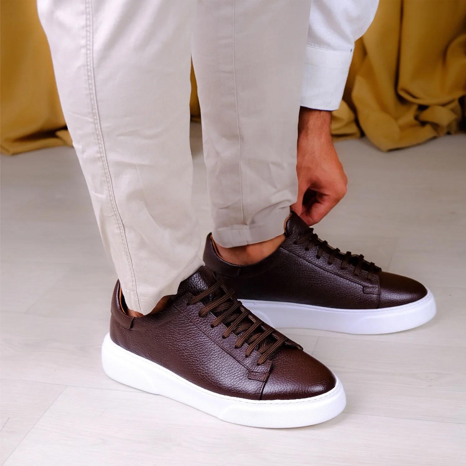 Kişiselleştirilebilir Kalın Ortopedik Tabanlı %100 Deri Sneaker Spor Ayakkabı - Kahverengi