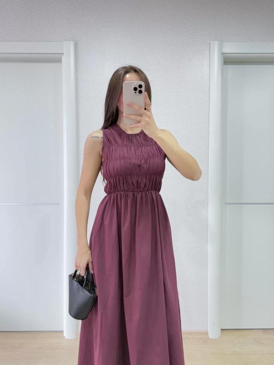 Kolsuz Göğüs Lastıklı %100 Poplin Uzun Elbise - Bordo